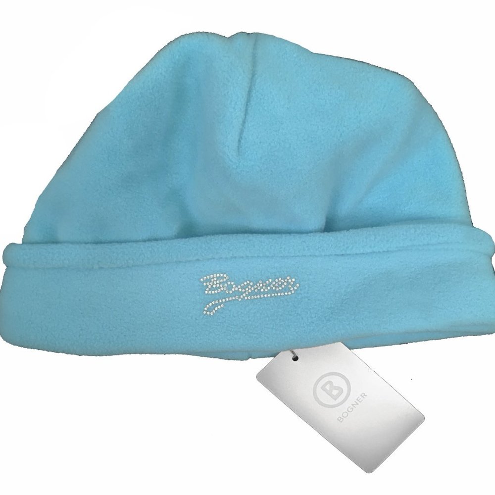 NEW $195 Bogner Womens Fleece Hat! Blue With "Bogner" in Swarovski Crystals